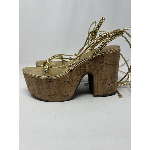 Schutz Maxima Lace Up Ankle Tie Platform Heel‎ Sandals Women's 10B Gold Metallic - Picture 5 of 9